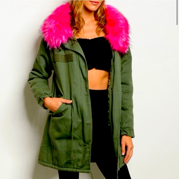 Jackets & Blazers - Faux pink fur Green army long cargo jacket